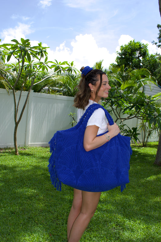 Boho Terry Beach Tote Bag - Braided Handles & Fringe Detail
