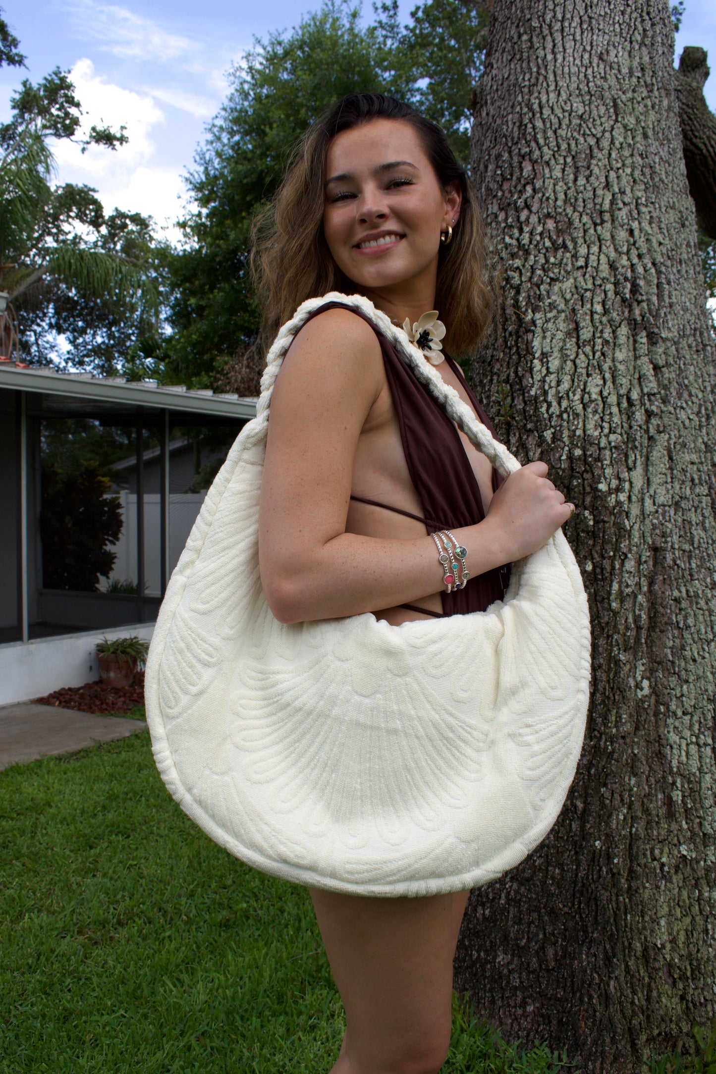 Large Bana Moon Crescent Terry Bag - Soft Textured shoulder Crossbody